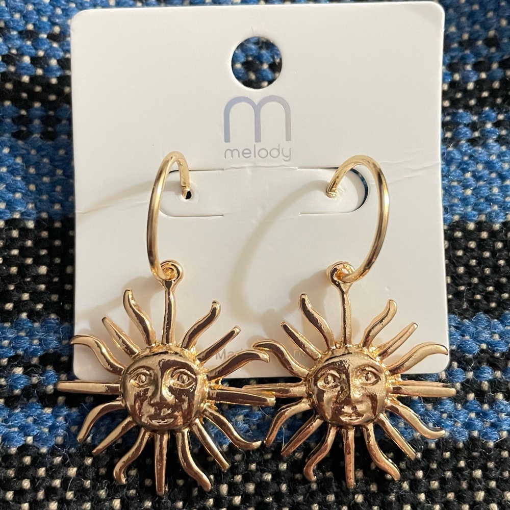Gold Smiling  Sun Earrings by Melody Sunburst Hoops/Stud